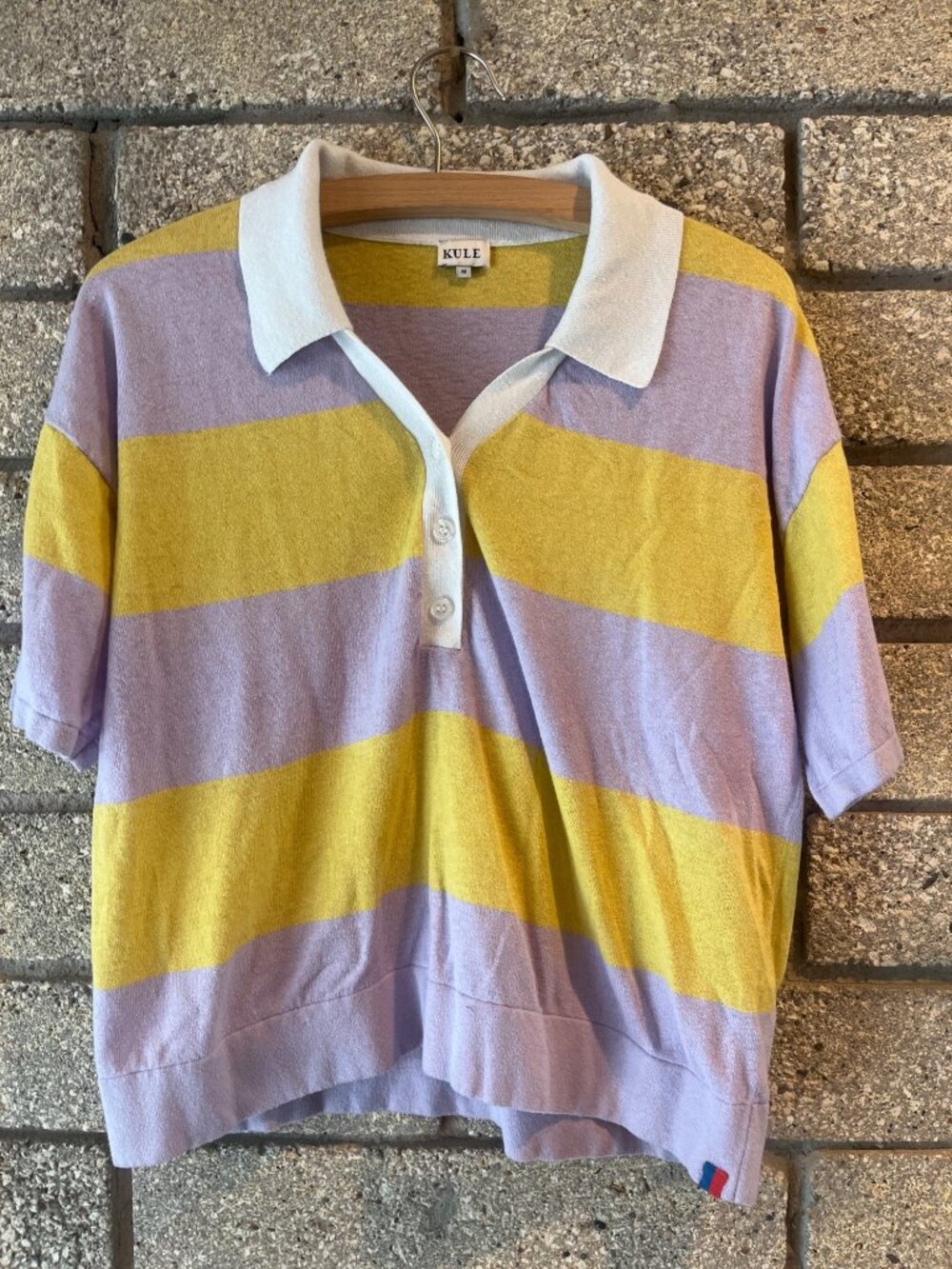 Kule Womens Striped Polo Shirt Yellow & Lavender Short Sleeve Size M Cotton line